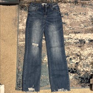 Blue Flare Wide Leg Jeans with Vintage Distressing